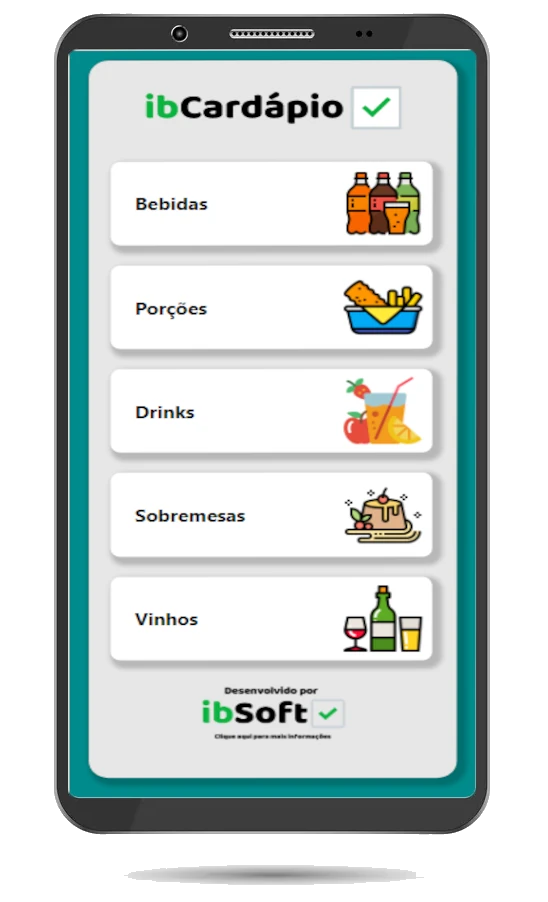 Imagem de um celular mostrando a tela de menu(onde seleciona a categoria de alimento)